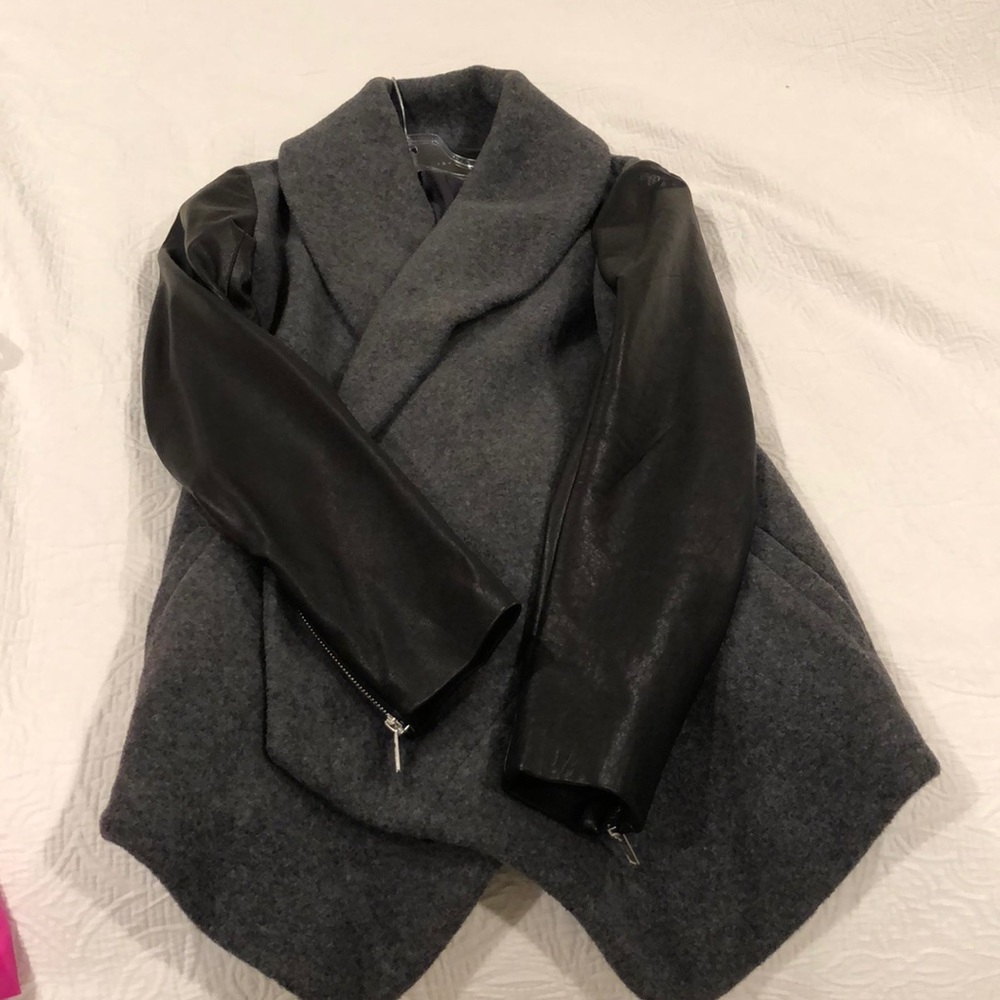 Theory grey flannel coat, black leather sleeves